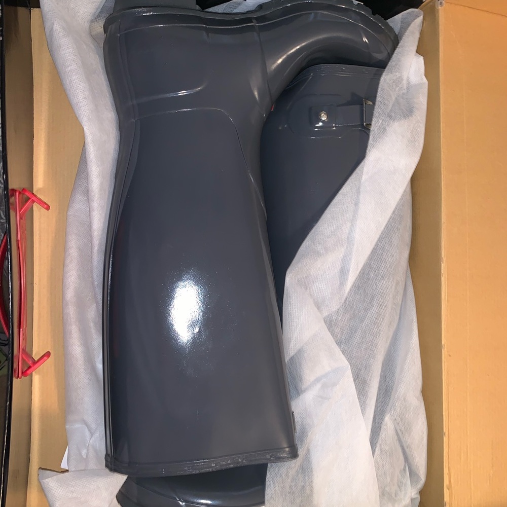 grey shiny hunter boots